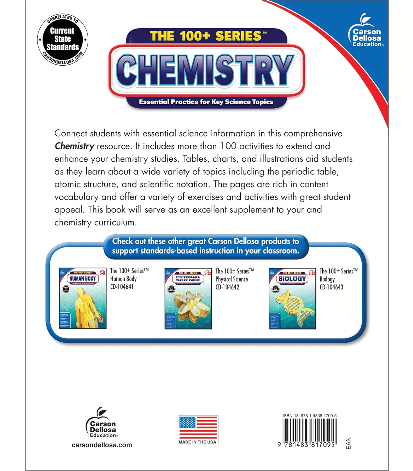 Carson Dellosa The 100 Series Chemistry Workbook, Science Book for Grades 9-12, Periodic Table, Atomic Structure, Scientific Notation, and More, Classroom or Homeschool Curriculum (Volume 4)