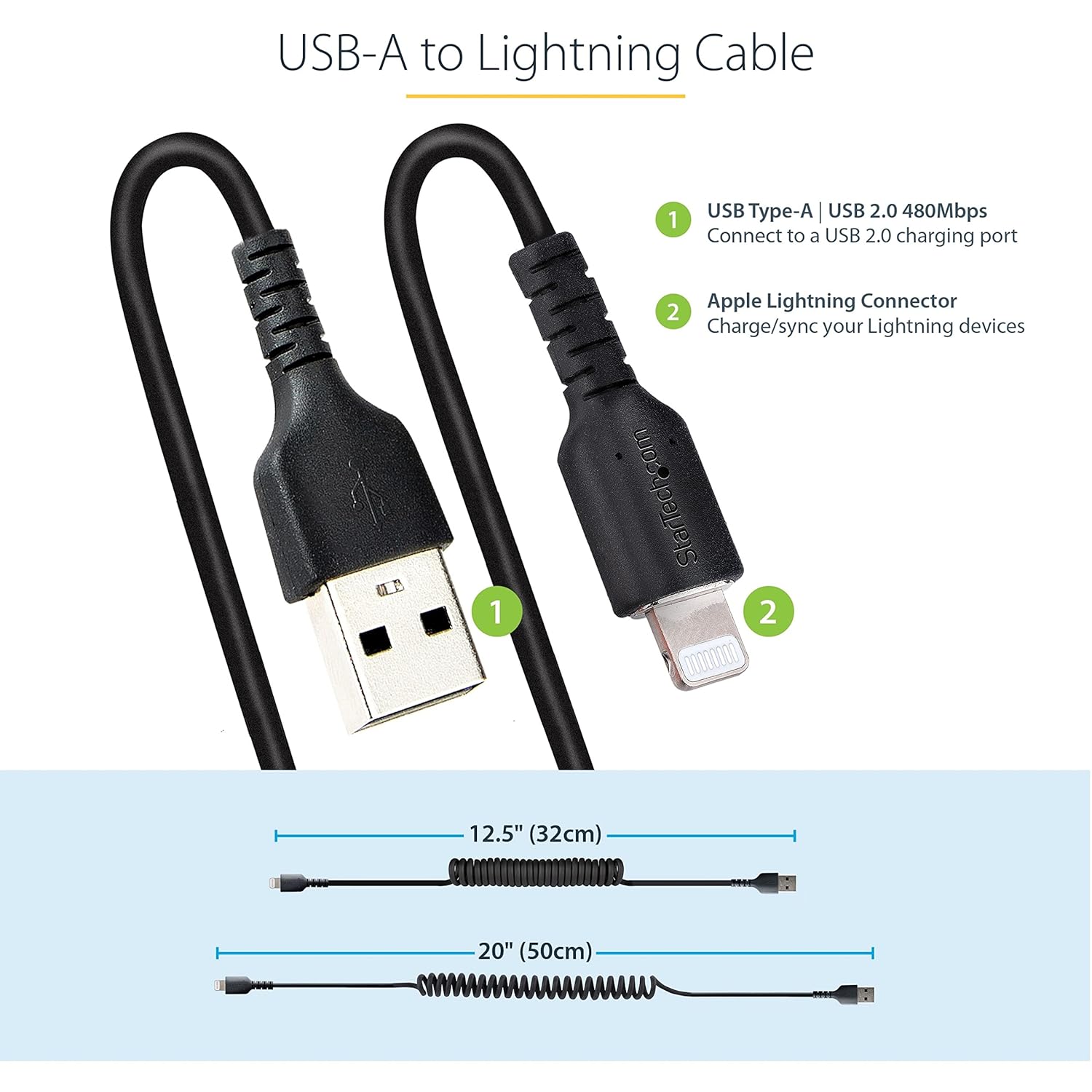 StarTech.com Coiled USB-A to Lightning Cable, MFi Certified, Durable TPE Jacket, Aramid Fiber Reinforced