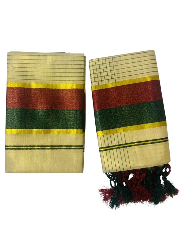 Women's Kuthampully Kerala Kasavu Set mundu Tissue with Kunjam | Kerala Tissue set mundu latest collections | Kuthampully Stripe Kasavu set mundu - Multi color KTM-902 (Dark Green)