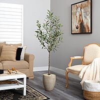 Nearly Natural Olive Tree 66inH Artificial Plant With Planter, 66inH x 21inW x 21inD, Green/Beige