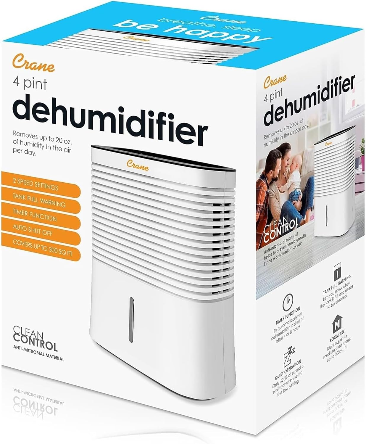Crane Compact Dehumidifier for 300 Sq Ft Rooms, 0.5 Gallon Tank, Timer, Auto Shut-Off, Whisper Quiet, White