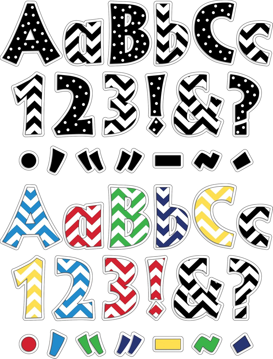 Barker Creek Letter Pop-Out Set of 3, 4" Chevron, Mixed-Design, 255 Upper and Lowercase Letters, Numbers