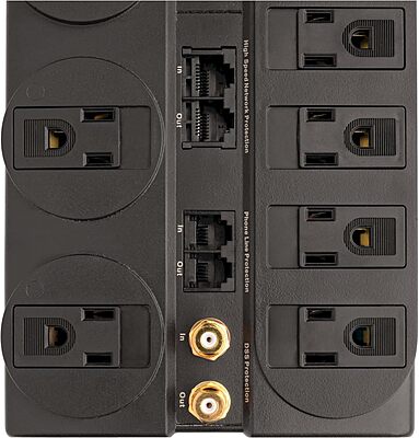 Tripp Lite 8 Outlet Surge Protector Power Strip, 10ft Cord, Right-Angle Plug, Tel/Modem/Coax/Ethernet Protection, RJ11, RJ45, & $250,000 INSURANCE (TLP810NET) Grey