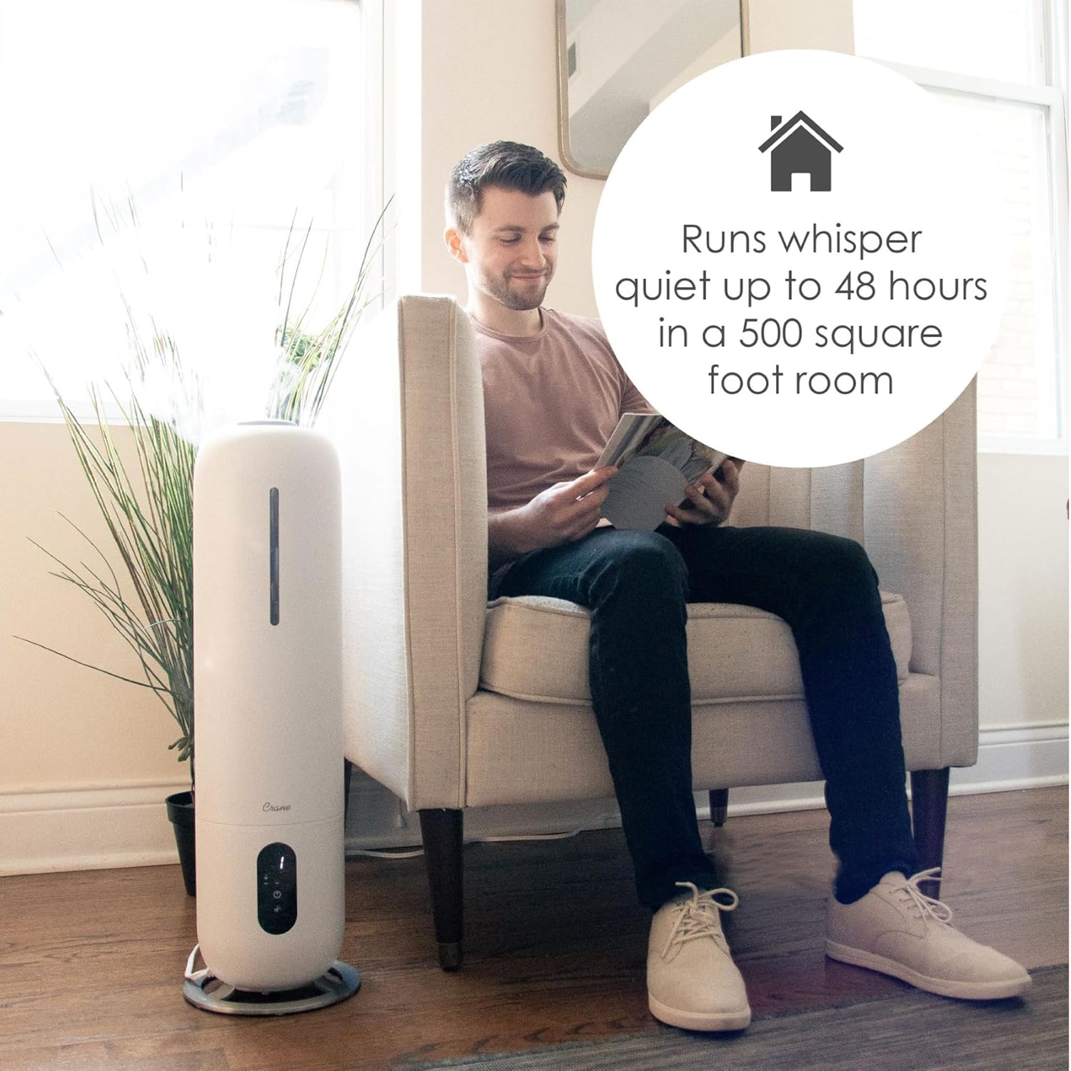 Crane 2 Gallon Top Fill Ultrasonic Cool Mist Tower Humidifier for Home, Whisper Quiet, Filter Free, Dishwasher Safe