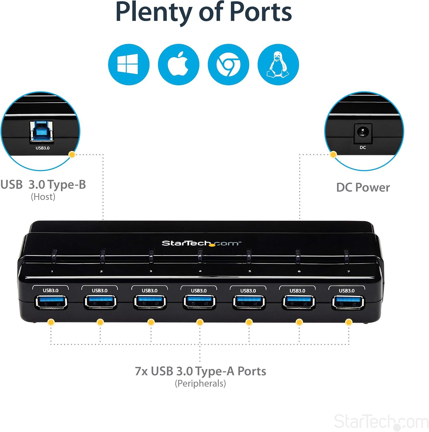 StarTech.com 7 Port USB 3.0 Hub – Up To 5 Gbps – 7 x USB – Universal Multi Port USB Extender for Your Desktop