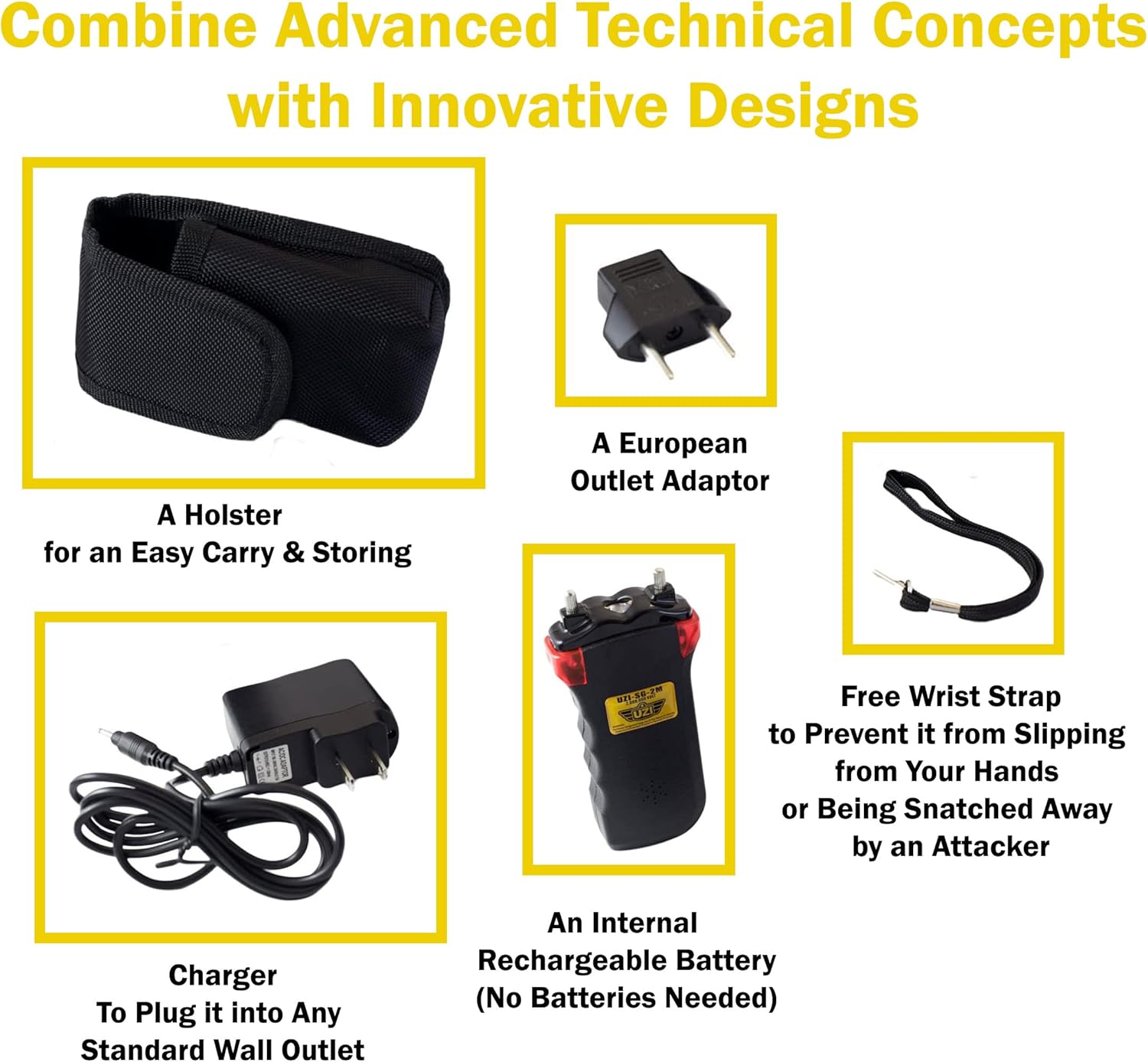 Uzi Rechargeable Stun Gun Self Defense & Protection for Men, Women, 4-in-1 Device, 2 Million Volt, with LED Light