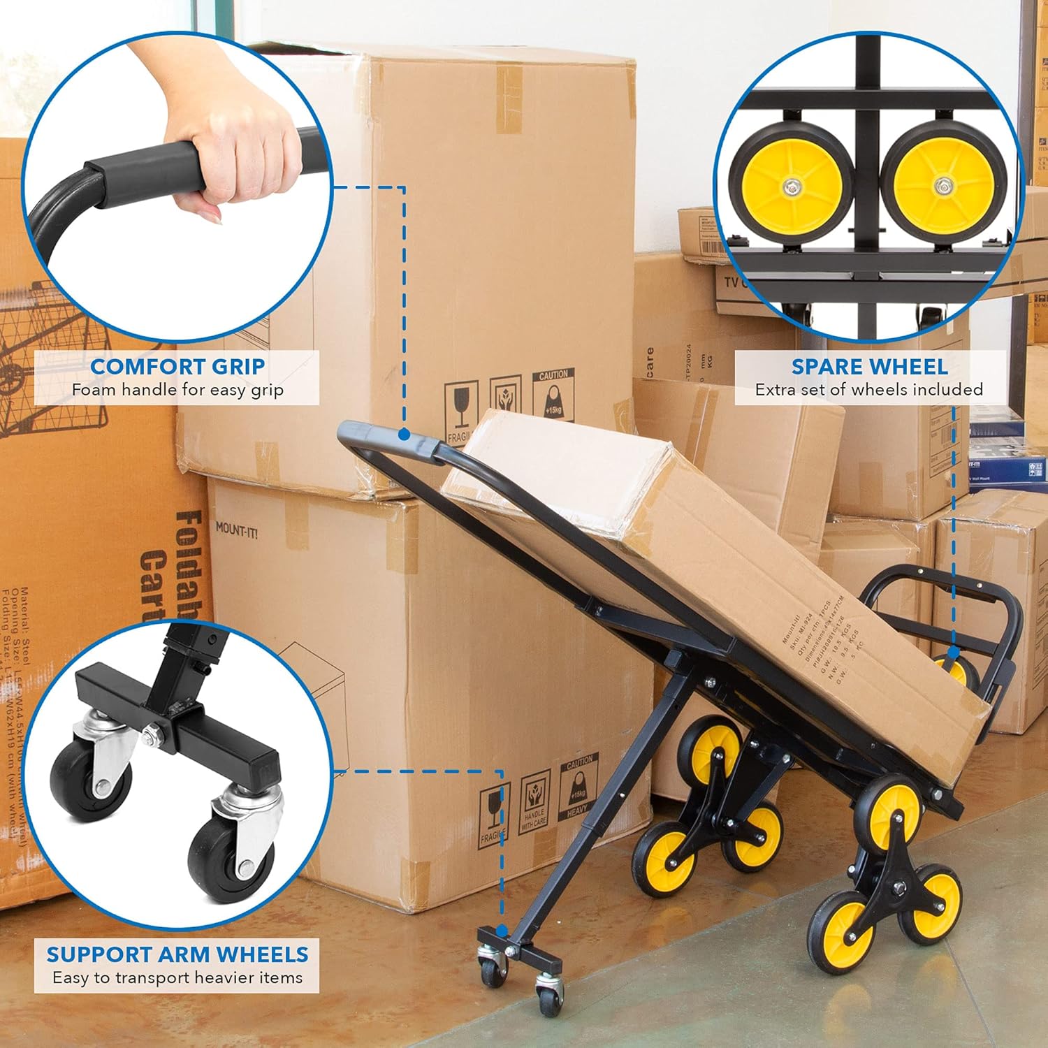 Mount-It! Stair Climbing Cart - 3 Wheel Stair Climbing Dolly - Easily Lift Heavy Items Up and Down Steps with Stair Climber