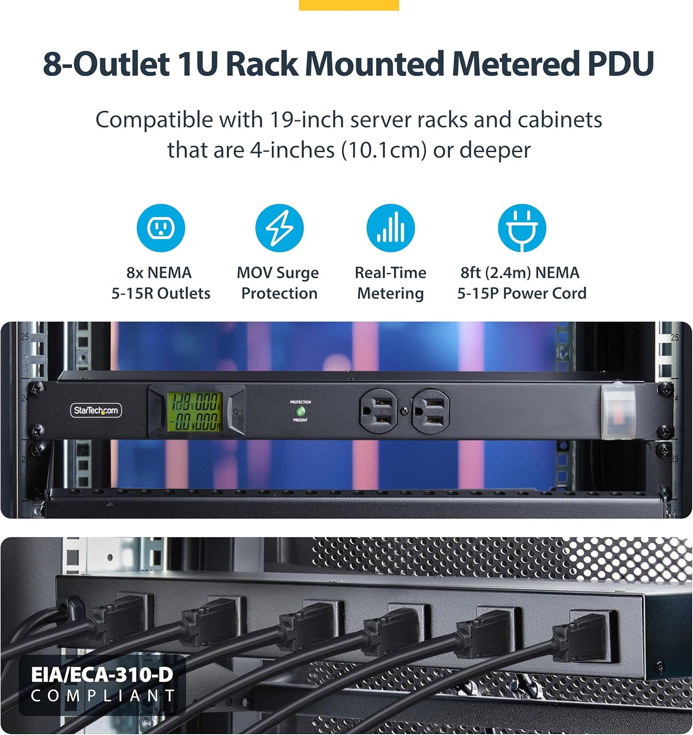 StarTech.com 1U Horizontal Rack Mount Metered PDU Server Power Strip with Surge Protector