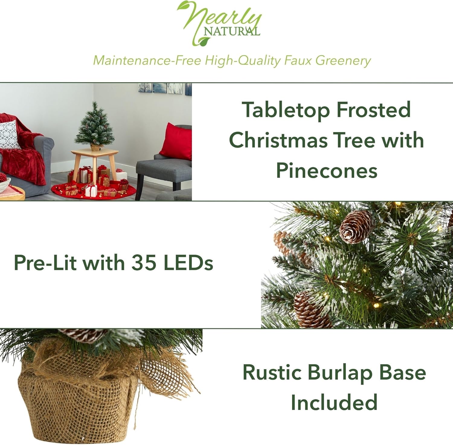 Nearly Natural 2ft. Frosted Pine Artificial Christmas Tree with 35 Clear LED Lights, Pinecones and Burlap Base