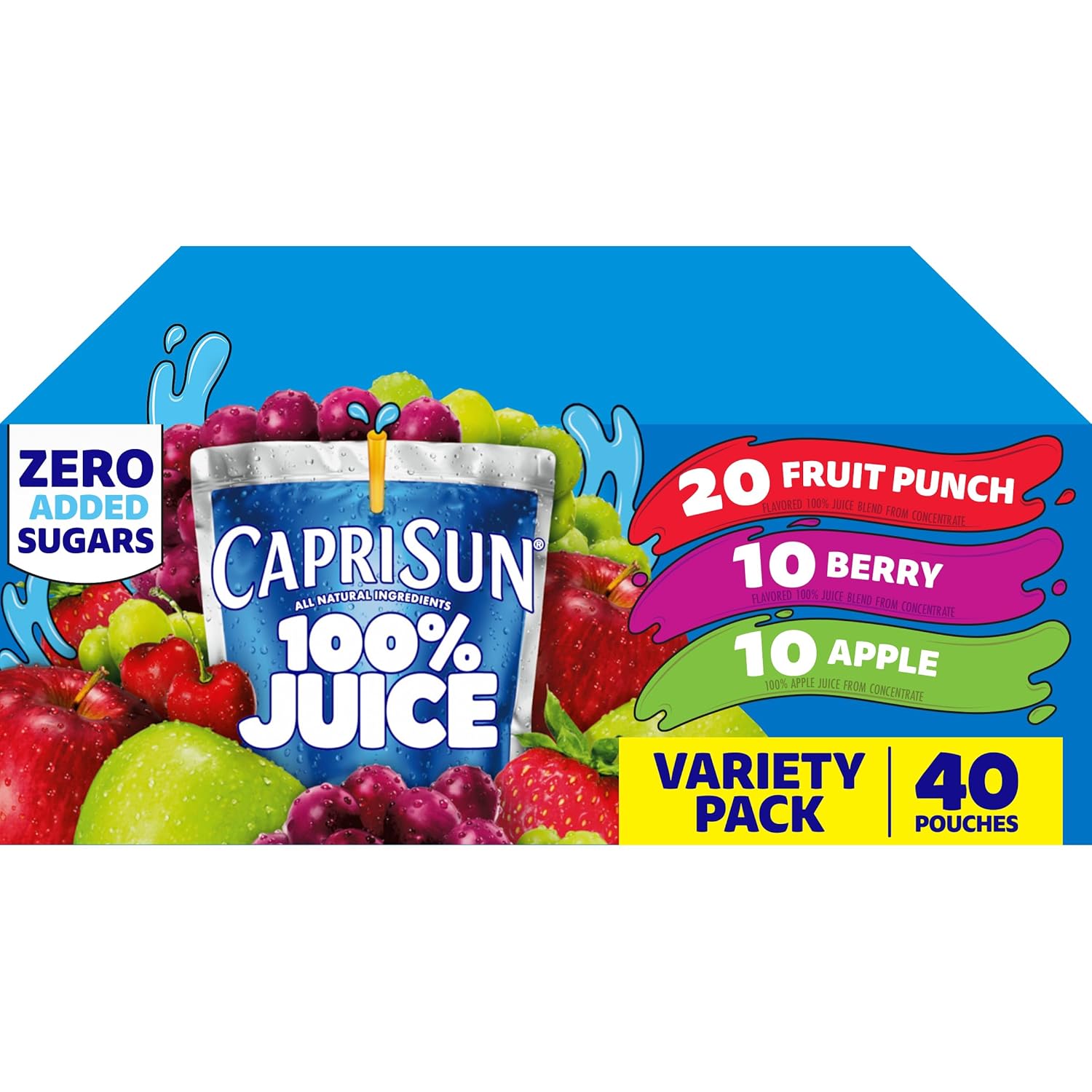 Capri Sun 100% Fruit Punch, Berry & Apple Juice Variety Pack Ready-to-Drink Juice (40 Pouches, 4 Boxes of 10)