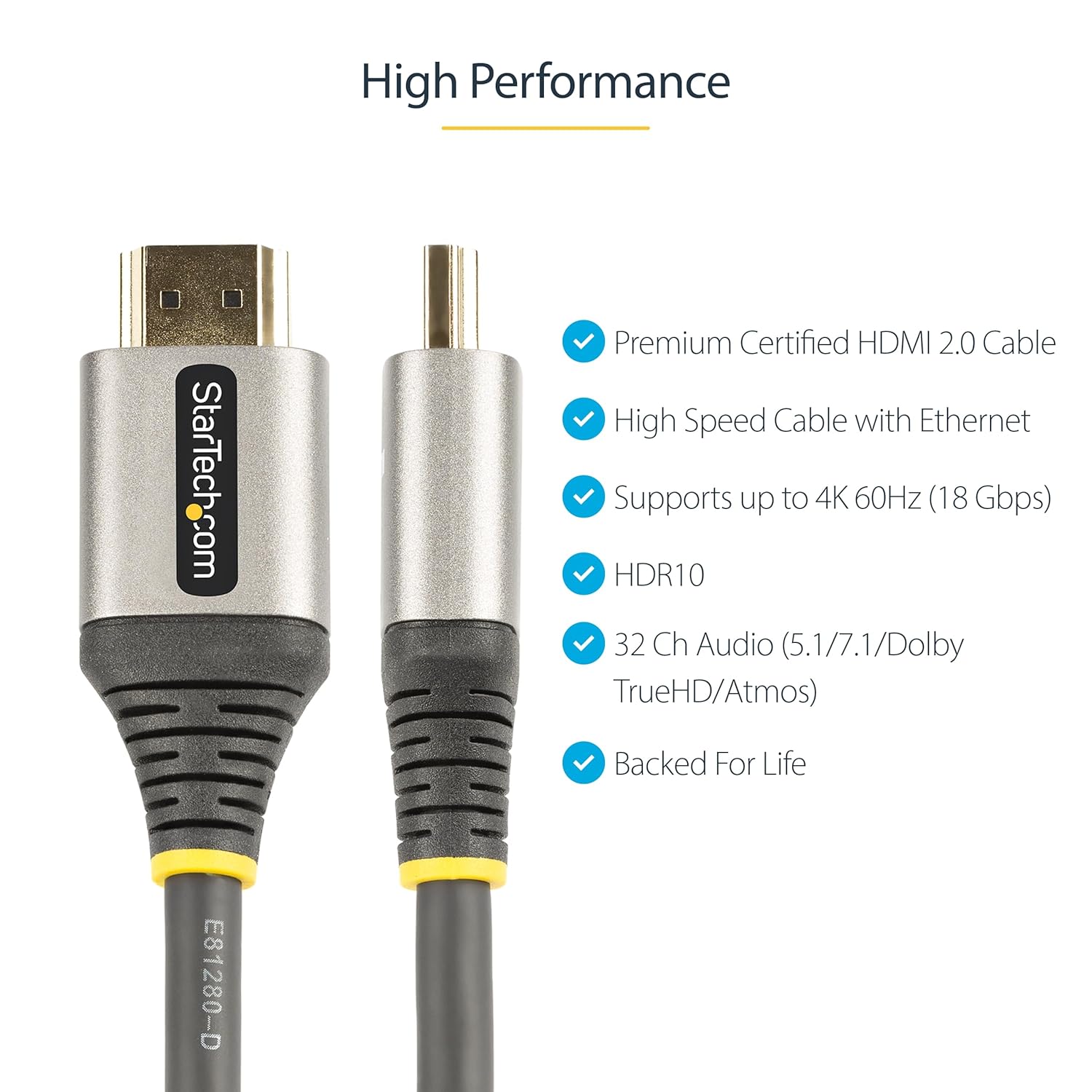 StarTech.com Premium Certified HDMI 2.0 Cable - High Speed with Ethernet, Ultra HD 4K 60Hz