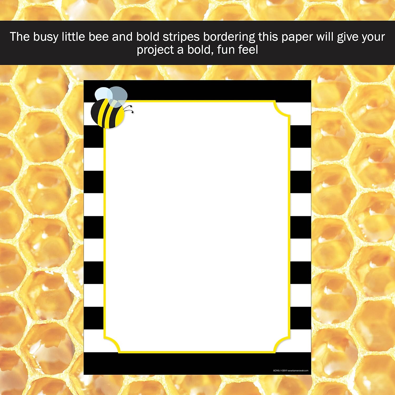 Barker Creek Designer Computer Paper, Wide Stripes With Bee, 8.5” x 11”, Decorative Printer Paper, 50 Sheets