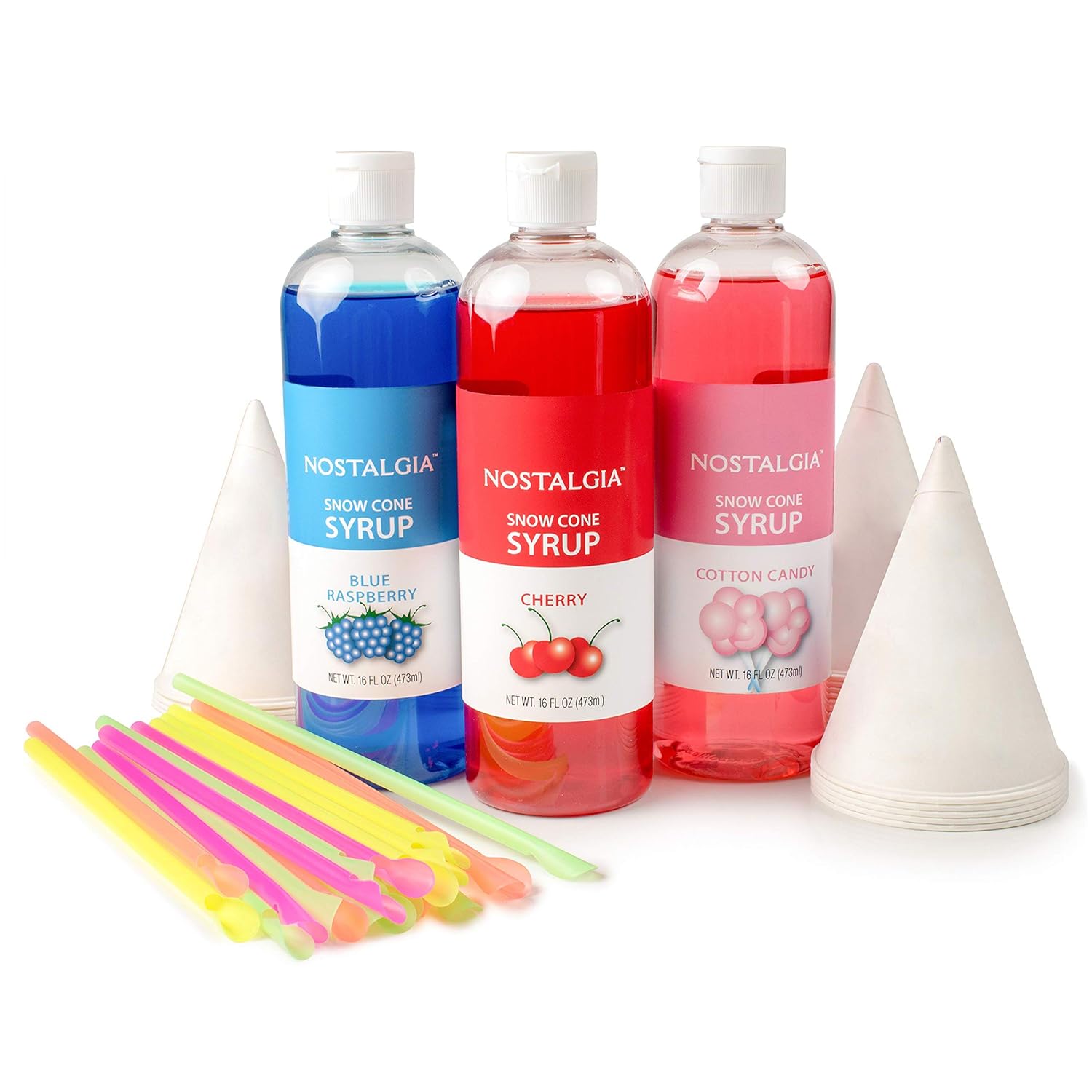 NOSTALGIA Snow Cone Syrup Party Kit with Cups and Spoon-Straws