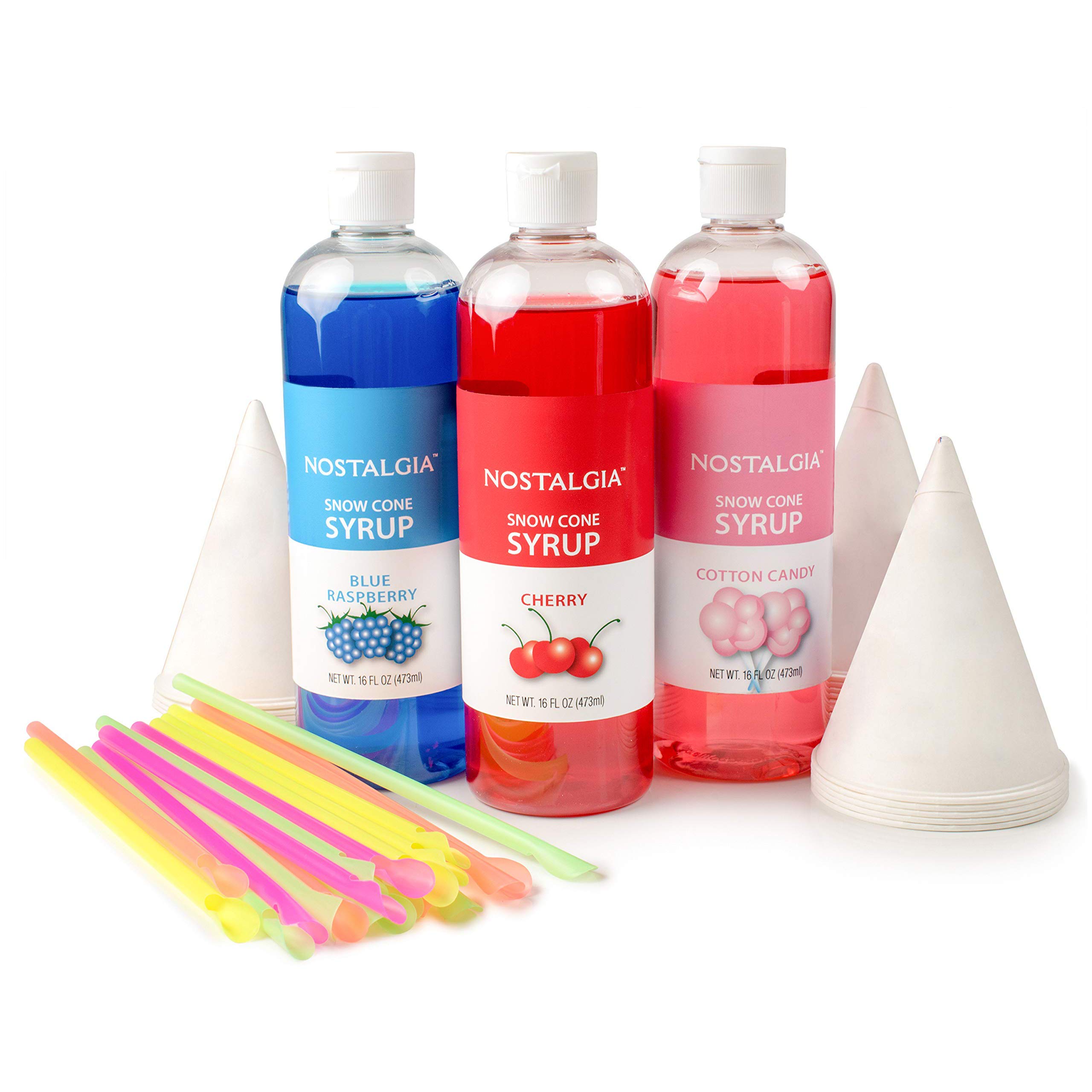 NOSTALGIA Snow Cone Syrup Party Kit with Cups and Spoon-Straws