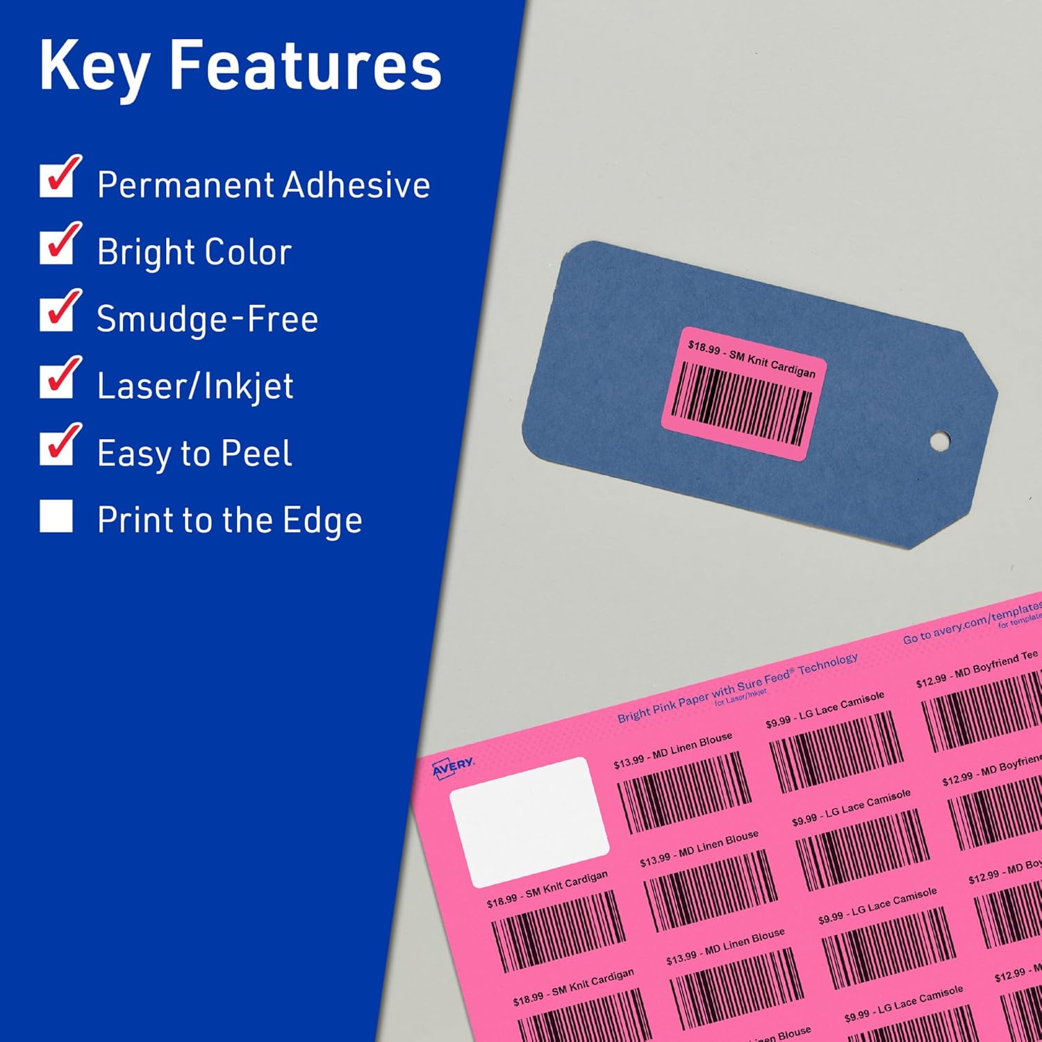 Avery Printable Rectangle Labels, Sure Feed Technology, 1-1/4" x 1-3/4", Bright Pink Labels, Laser/Inkjet Printable