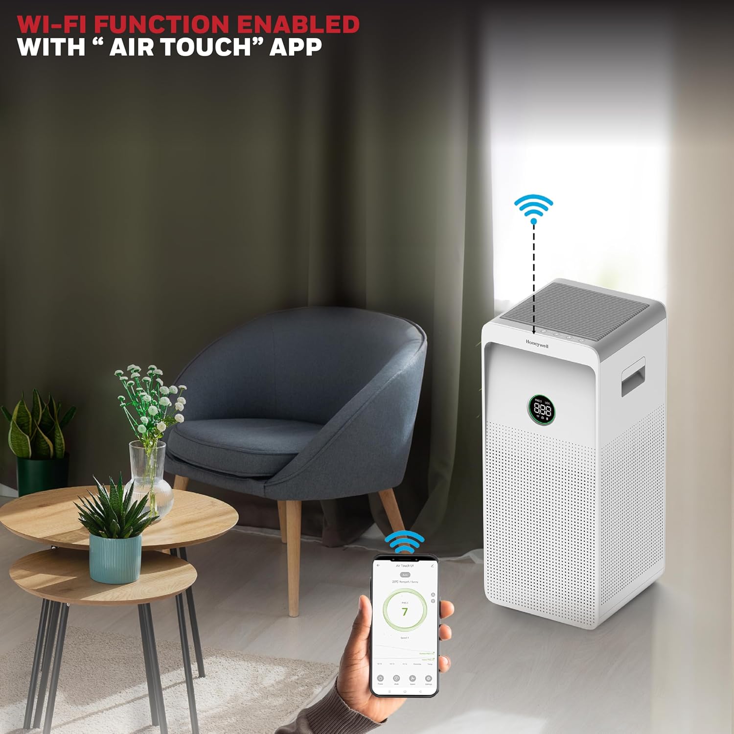 The Honeywell Air Touch U1 operating silently in Sleep Mode in a master bedroom.