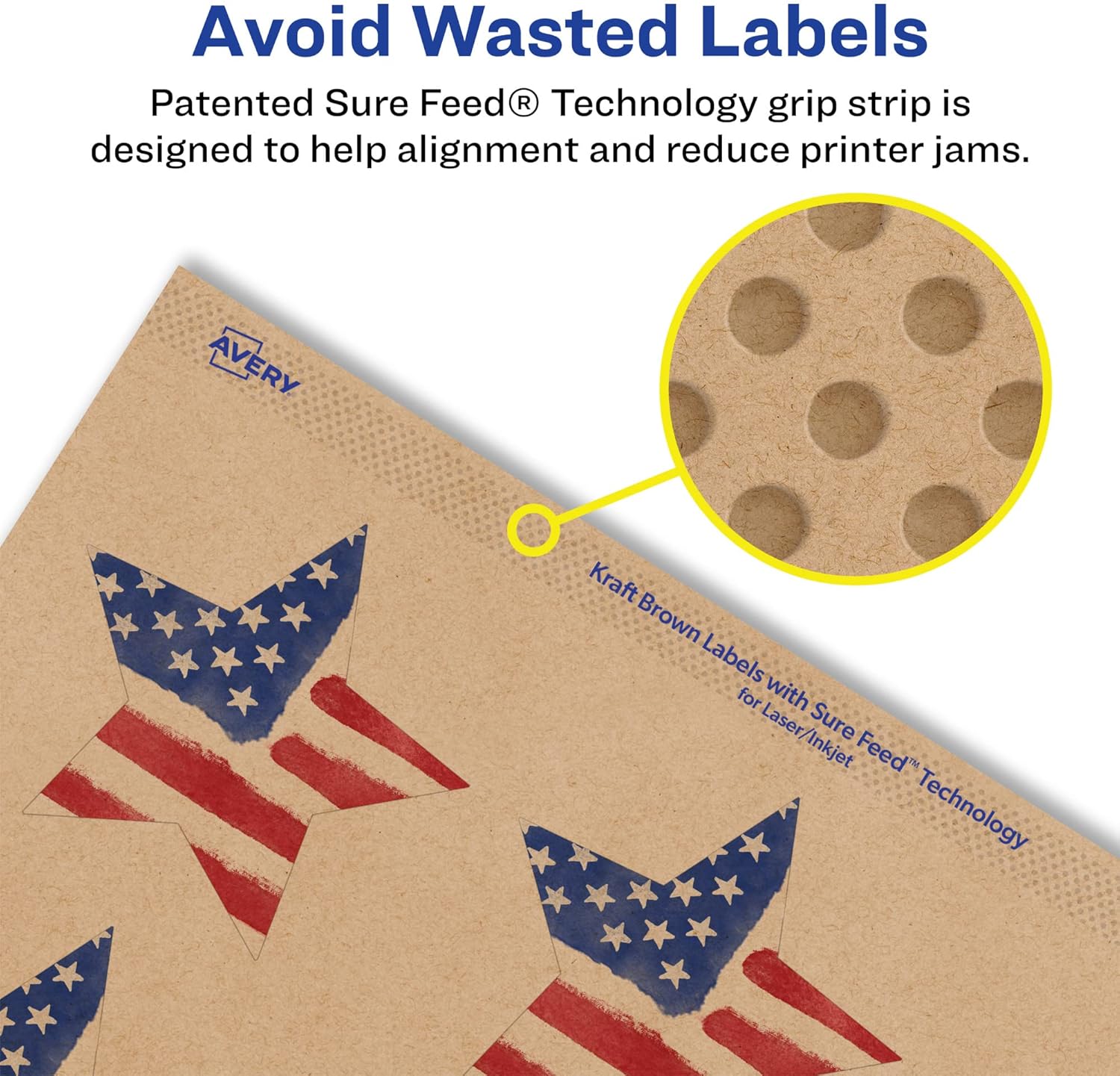 Avery Kraft Brown Star Labels, Sure Feed Technology, 2-1/4" x 2-3/8", Print-to-The-Edge, Laser/Inkjet Printable
