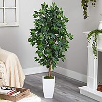 Nearly Natural Ficus 54inH Artificial Plant With Metal Planter, 54inH x 21inW x 19inD, Green/White