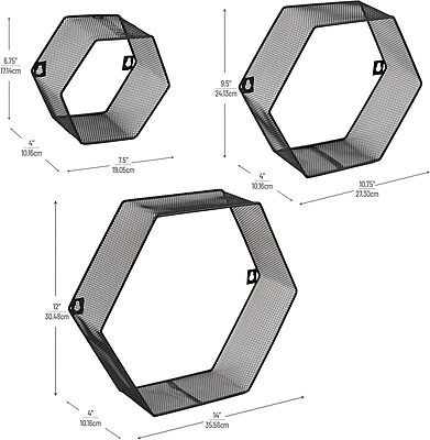 Mind Reader Hexagon Floating Shelves, Wall Decor, Honeycomb Accent Shelf, Office, Metal Mesh, 14" L x 4" W x 12" H, Set of 3