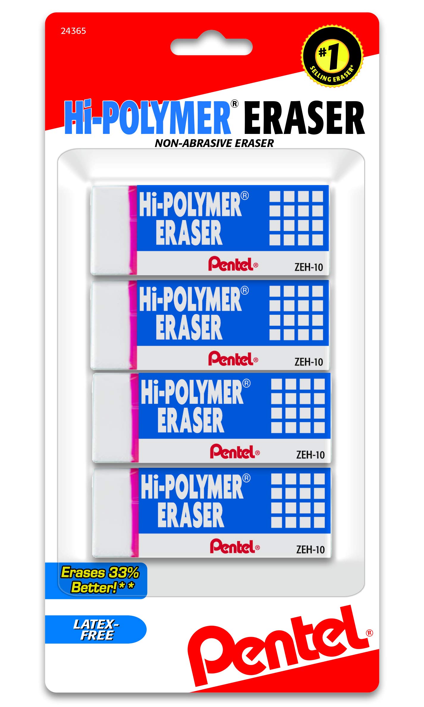 Pentel Hi-Polymer Block Eraser, Large, White, Pack of 4 (ZEH10BP4) White 4 Count (Pack of 1)