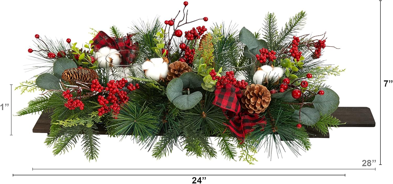 Nearly Natural 24in. Holiday Berries, Pinecones and Eucalyptus Christmas Artificial Arrangement Cutting Board Wall Décor