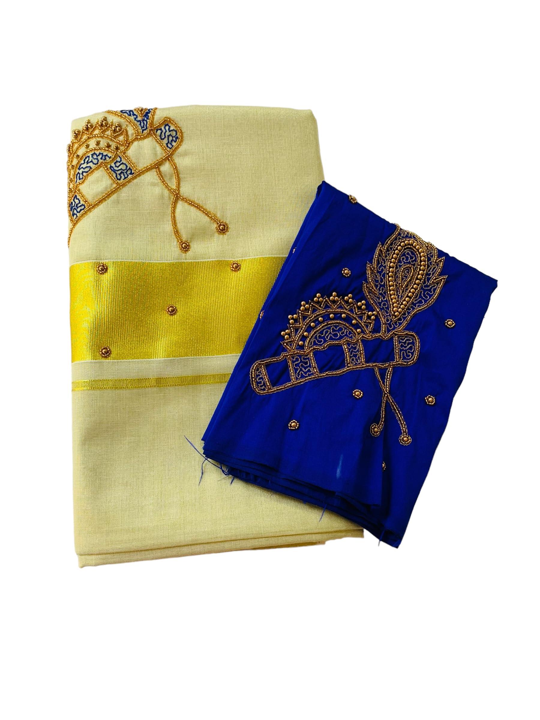 Kuthampully Kerala Kasavu Sarees For Women | Handcrafted Aari work Kerala Sarees | Tissue Onam Saree With Running Blouse | South Indian Sarees | Onam Saree - EKM-784 (Blue)