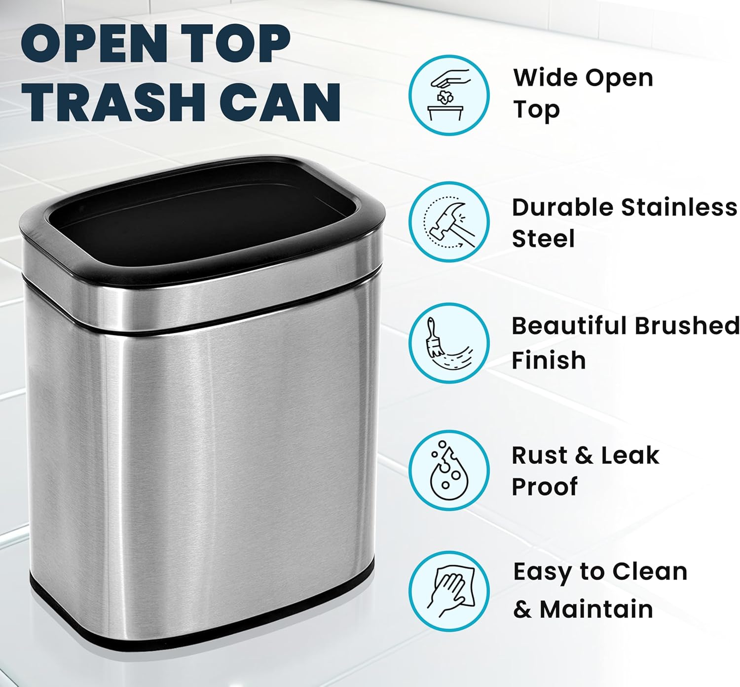 Alpine 10 Liter Small Bathroom Trash Can No Lid - Open Top Stainless Steel Bathroom Trash Can 2.6 Gallon