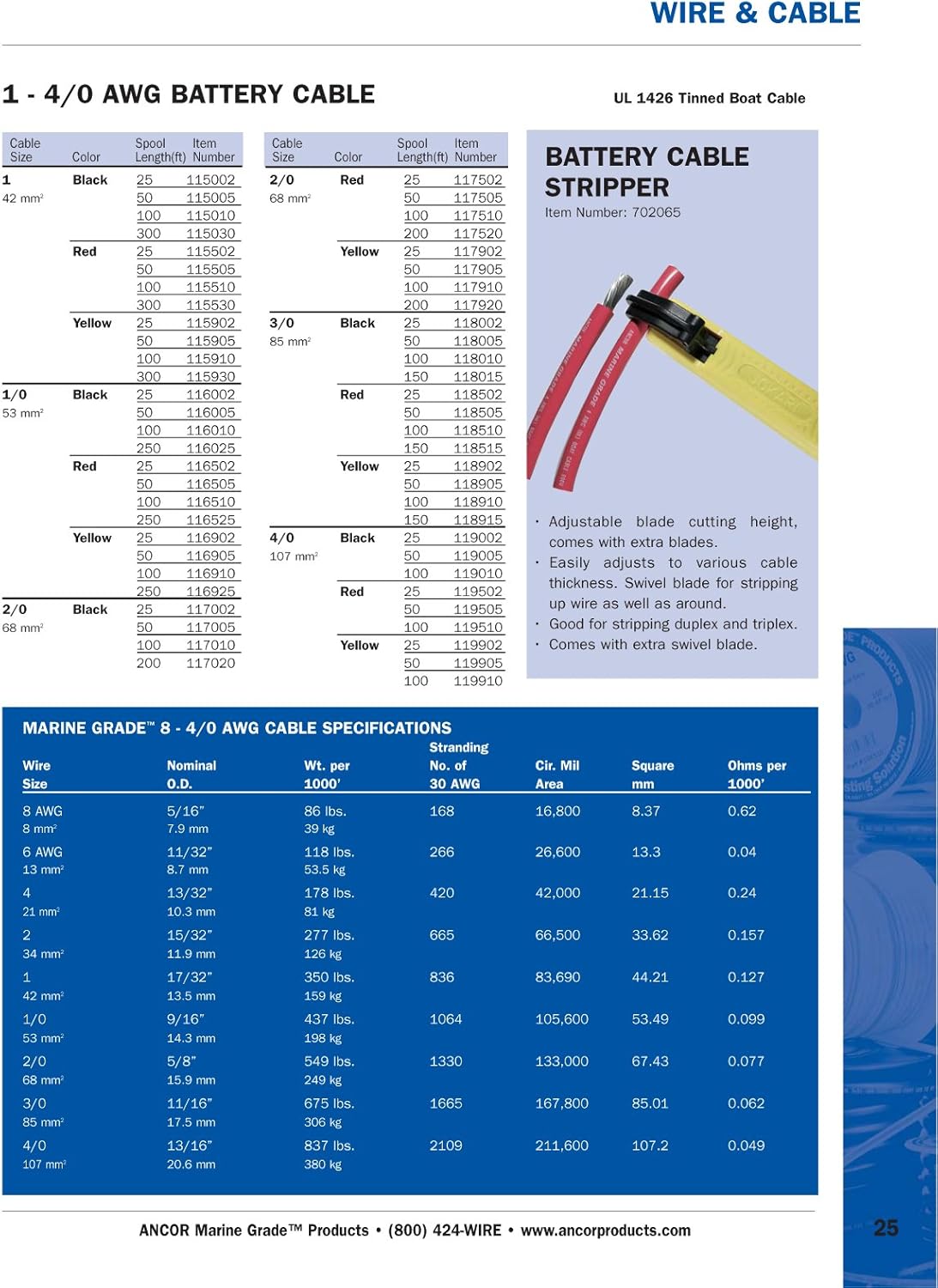 Ancor 114905 Tinned Copper Battery Cable, 2 AWG (32mm2), Yellow - 50ft