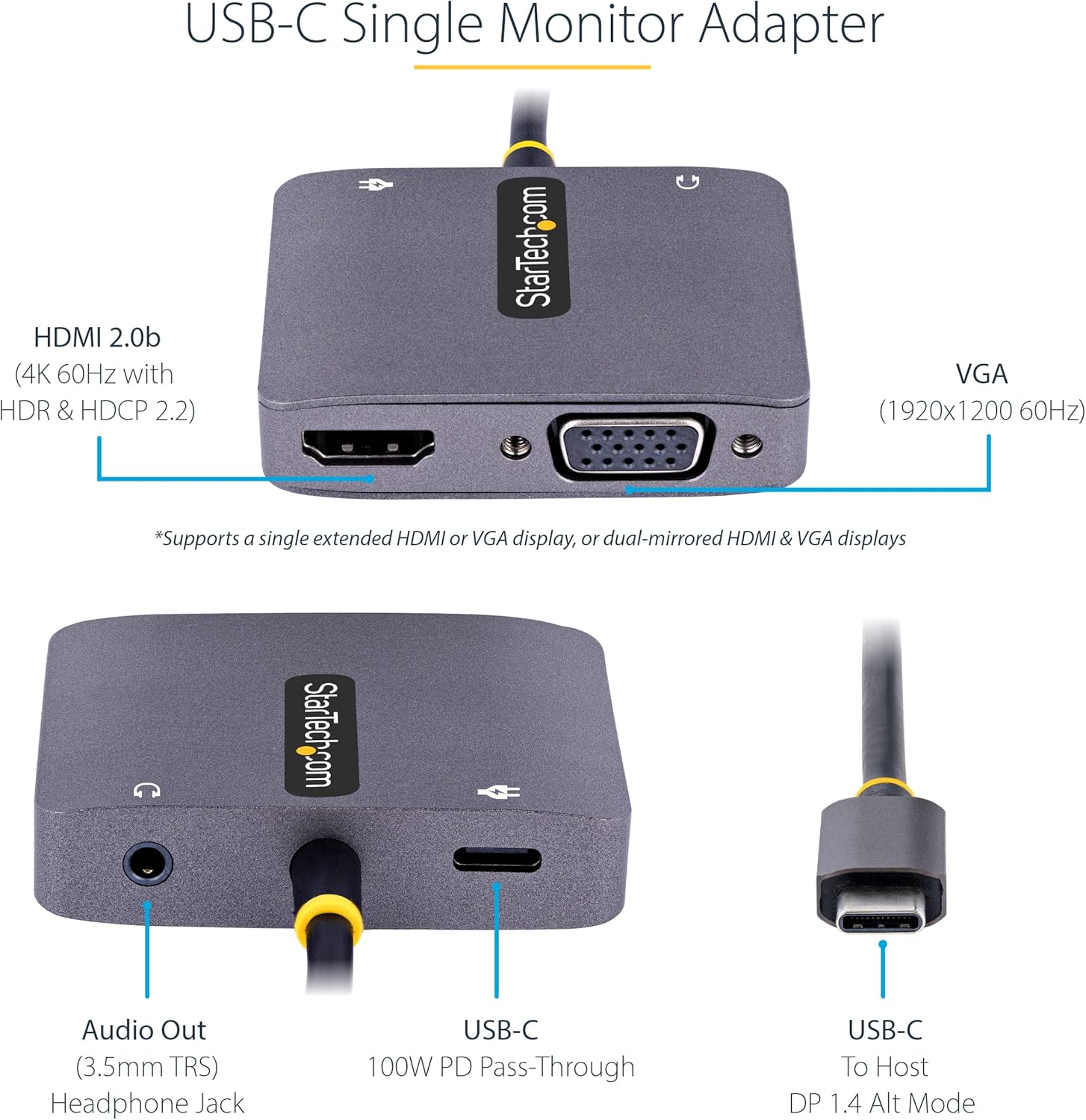 StarTech.com USB C Video Adapter, USB C to HDMI VGA Multiport Adapter w/ 3.5mm Audio Output, 4K 60Hz HDR, 100W PD 3.0