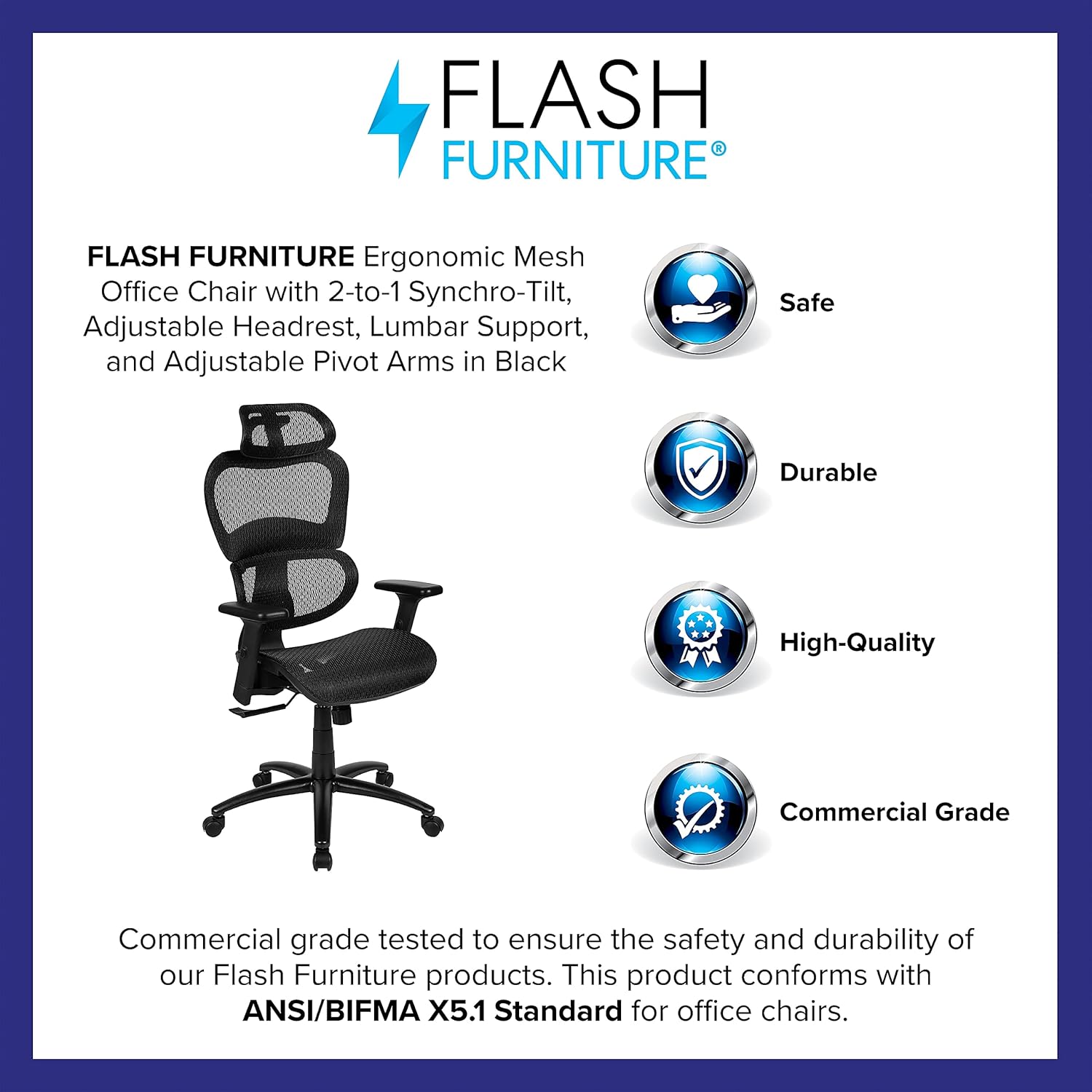 Flash Furniture LO Ergonomic Mesh Office Chair with 2-to-1 Synchro-Tilt, Adjustable Headrest, Lumbar Support