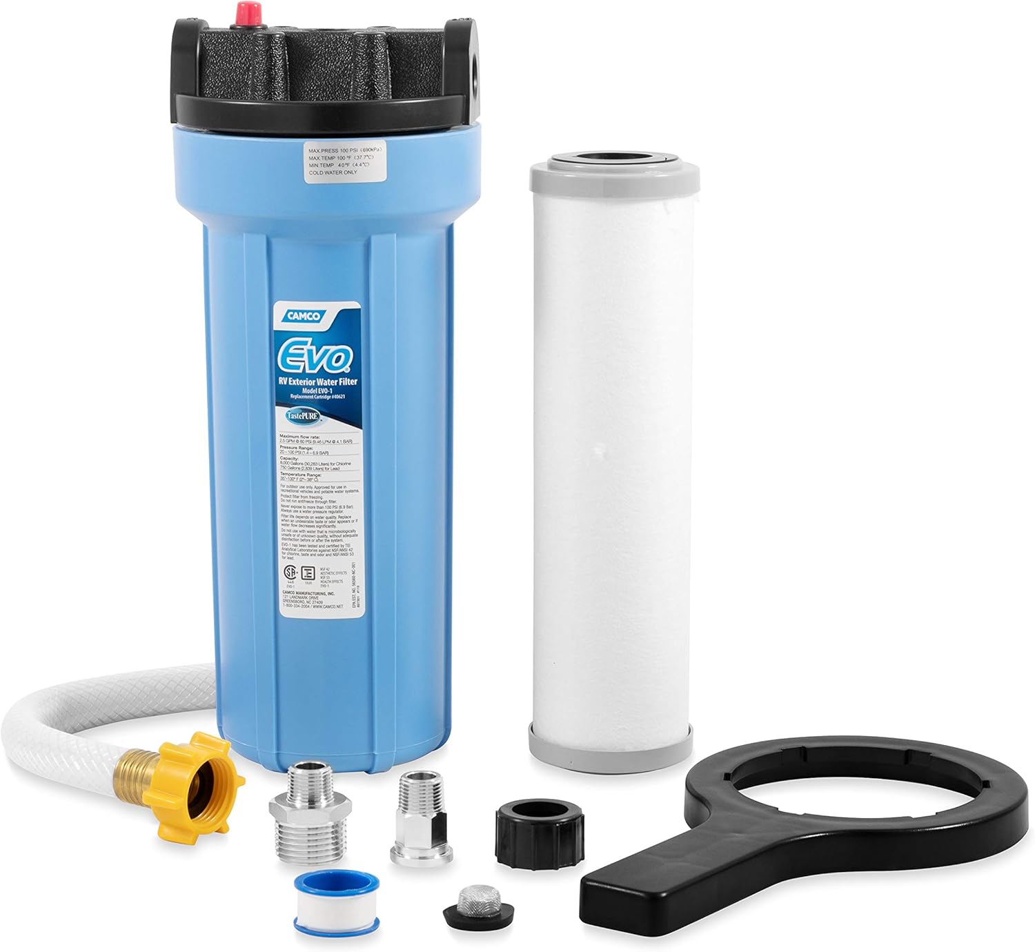 Camco Evo Camper/RV Water Filter + Premium Replacement Cartridge Bundle EVO Water Filter + Cartridge