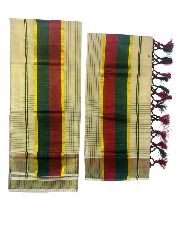 Women's Kuthampully Kerala Kasavu Set mundu Tissue with Kunjam | Kerala Tissue set mundu latest collections | Kuthampully Stripe Kasavu set mundu - Multi color KTM-902 (Dark Green)