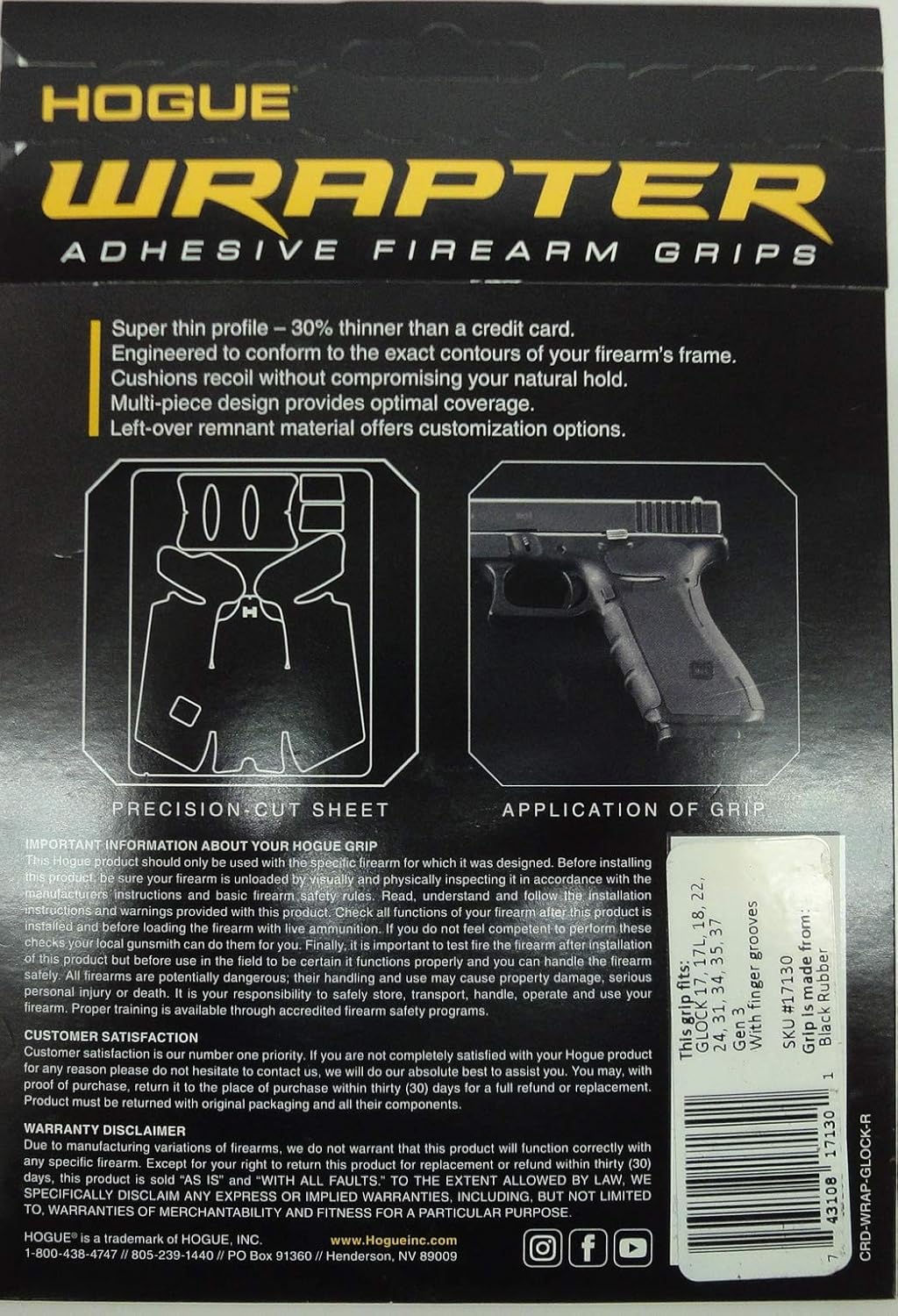 Hogue Wrapter Adhesive Grip Black Glock 17/18/19/22/31/34/35/37 Gen 3