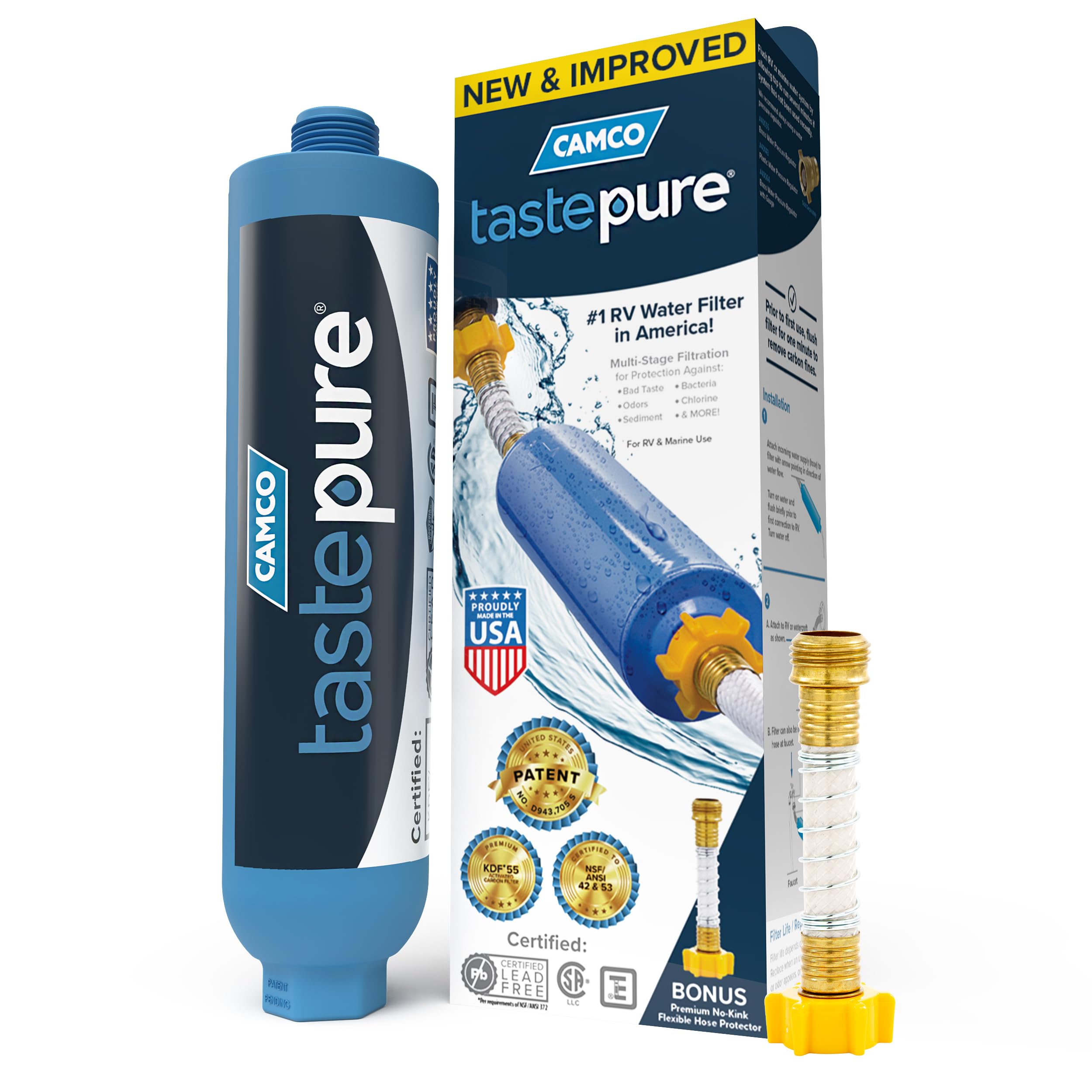 Camco TastePURE RV Water Filter - New & Advanced RV Inline Water Filter with Flexible Hose Protector