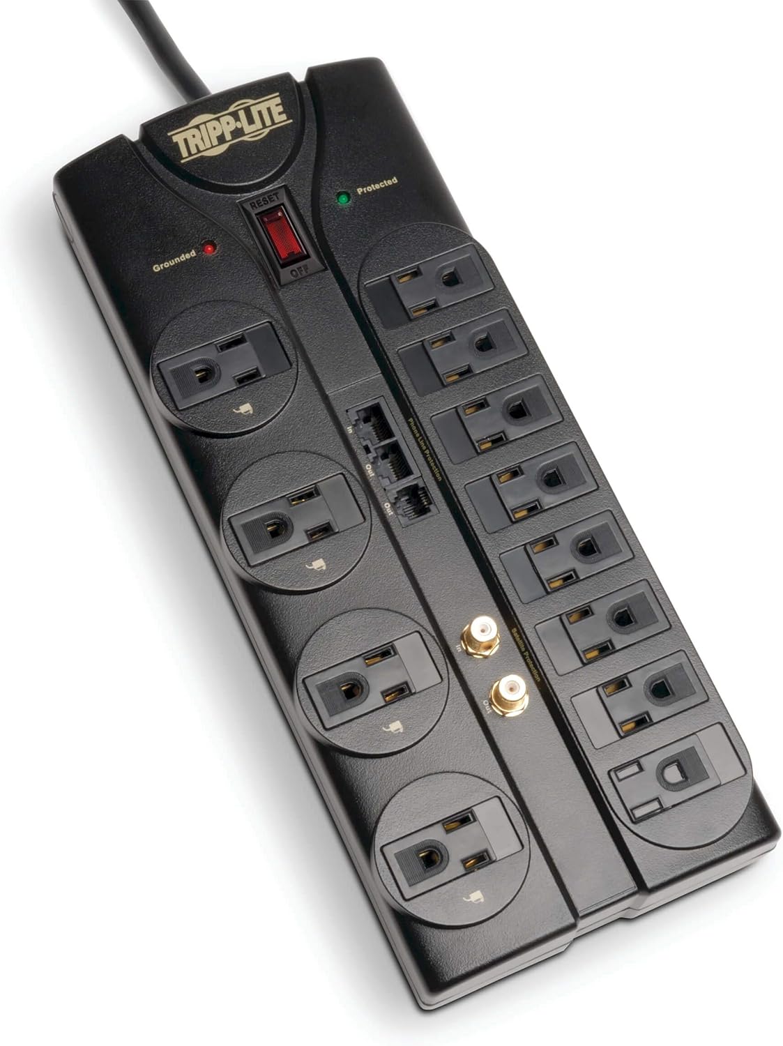 TRIPP LITE 12-Outlet Surge Protector Power Strip with Tel/Modem Protection, 8 ft Right-Angle Cord