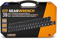 GEARWRENCH 39 Pc. 1/2" Drive 6 Pt. Impact Socket Set, Standard & Deep, SAE - 84947N, Black