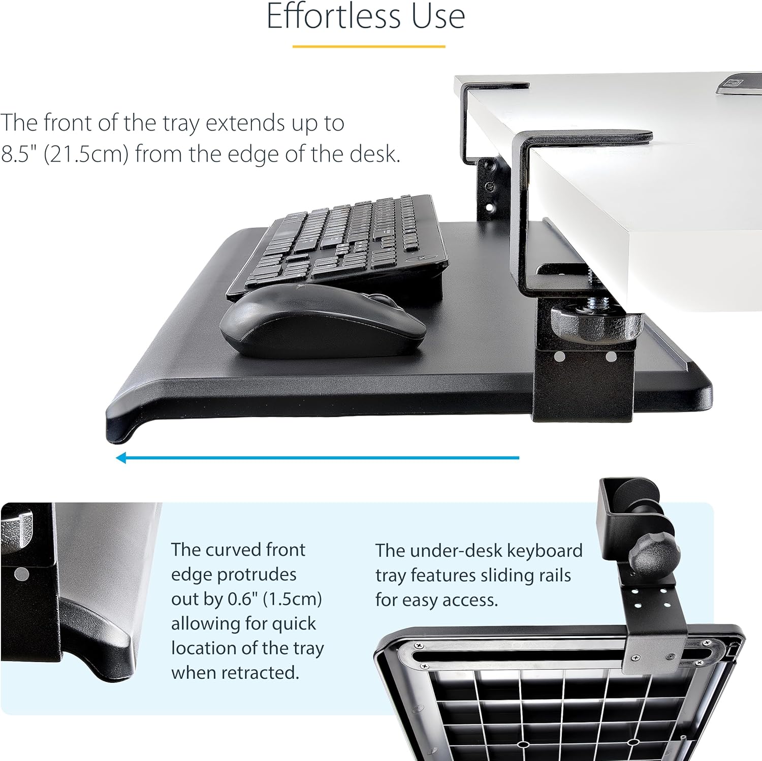 StarTech.com Under-Desk Keyboard Tray, Clamp-on Ergonomic Keyboard Holder, Up to 12kg (26.5lb)