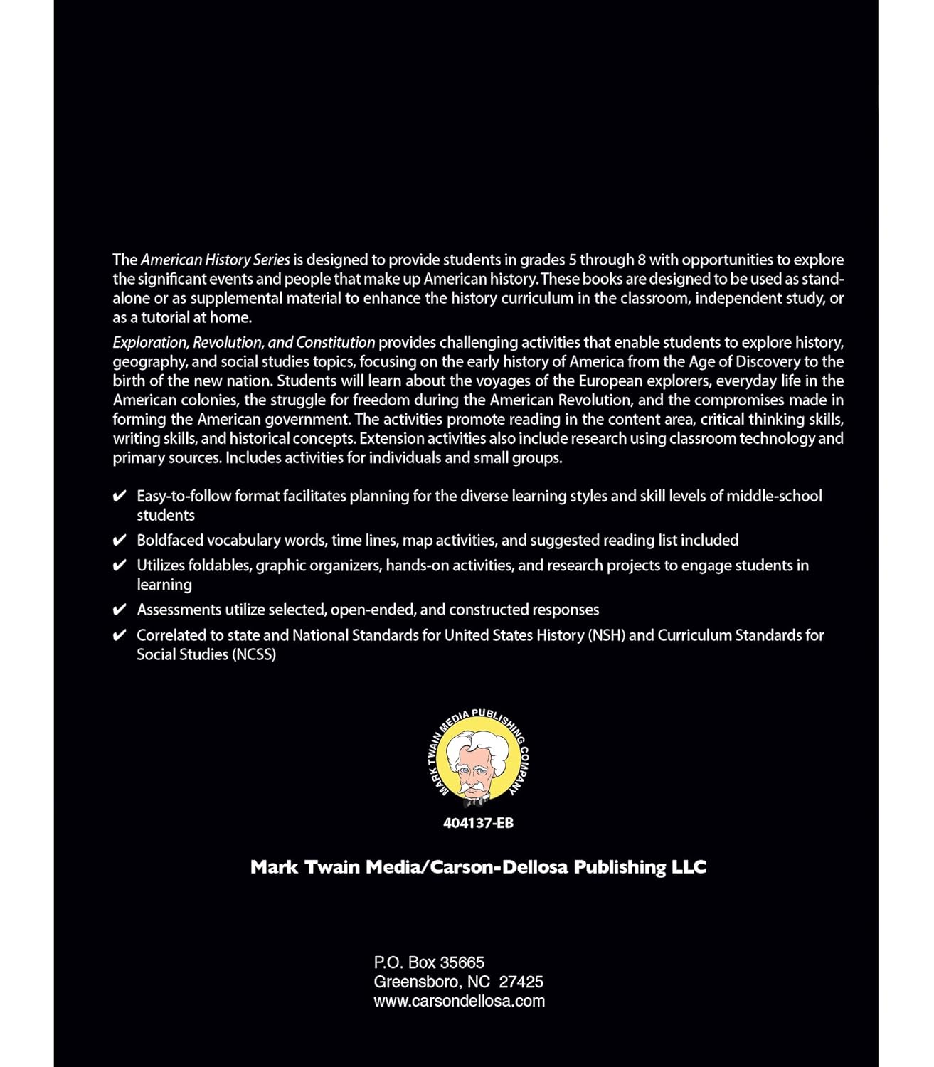 Mark Twain American History Workbook, Grades 6-12, Exploration, American Revolution, and Constitution, 13 Original US Colonies, and Declaration of ... (American History Series) (Volume 4)