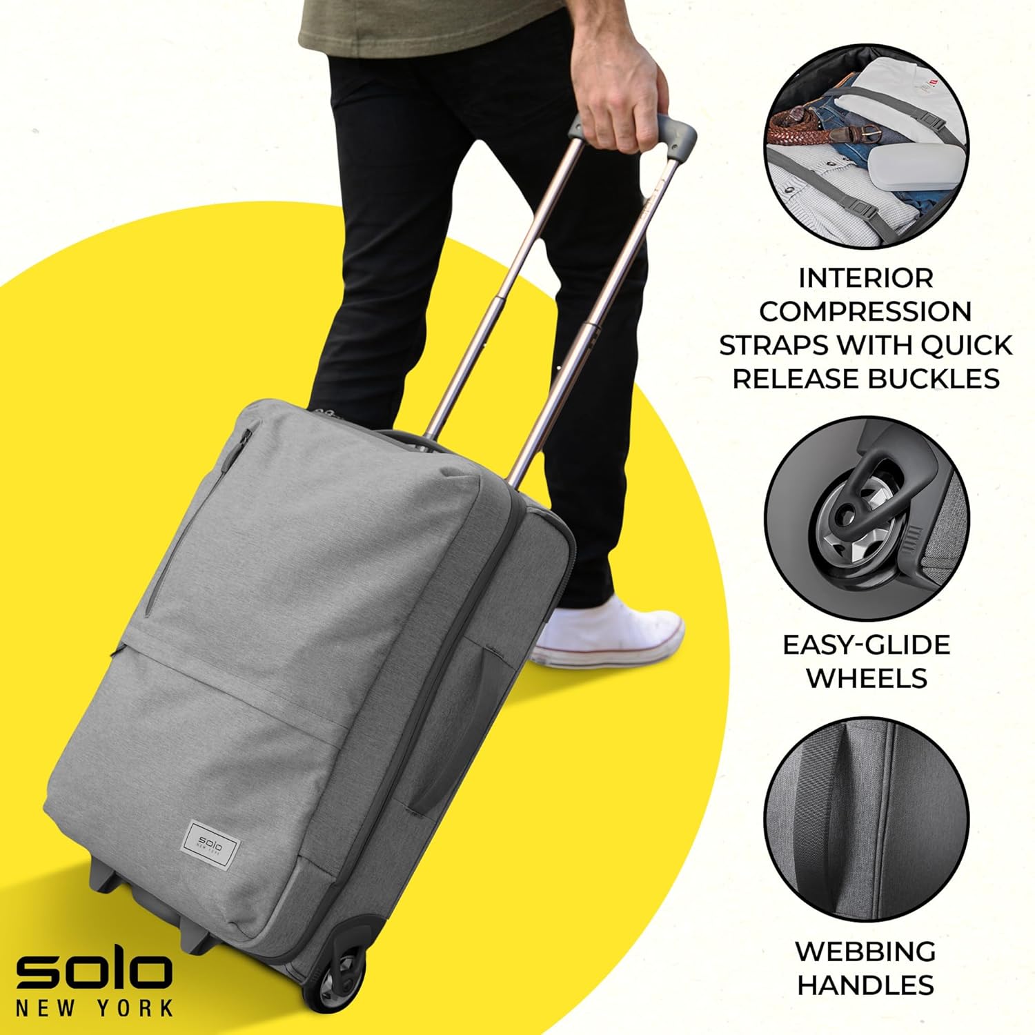 Solo New York 22 Inch Carry On Luggage - Softside Suitcases for Travel, Wheeled Rolling Bag, 2 Wheel Upright