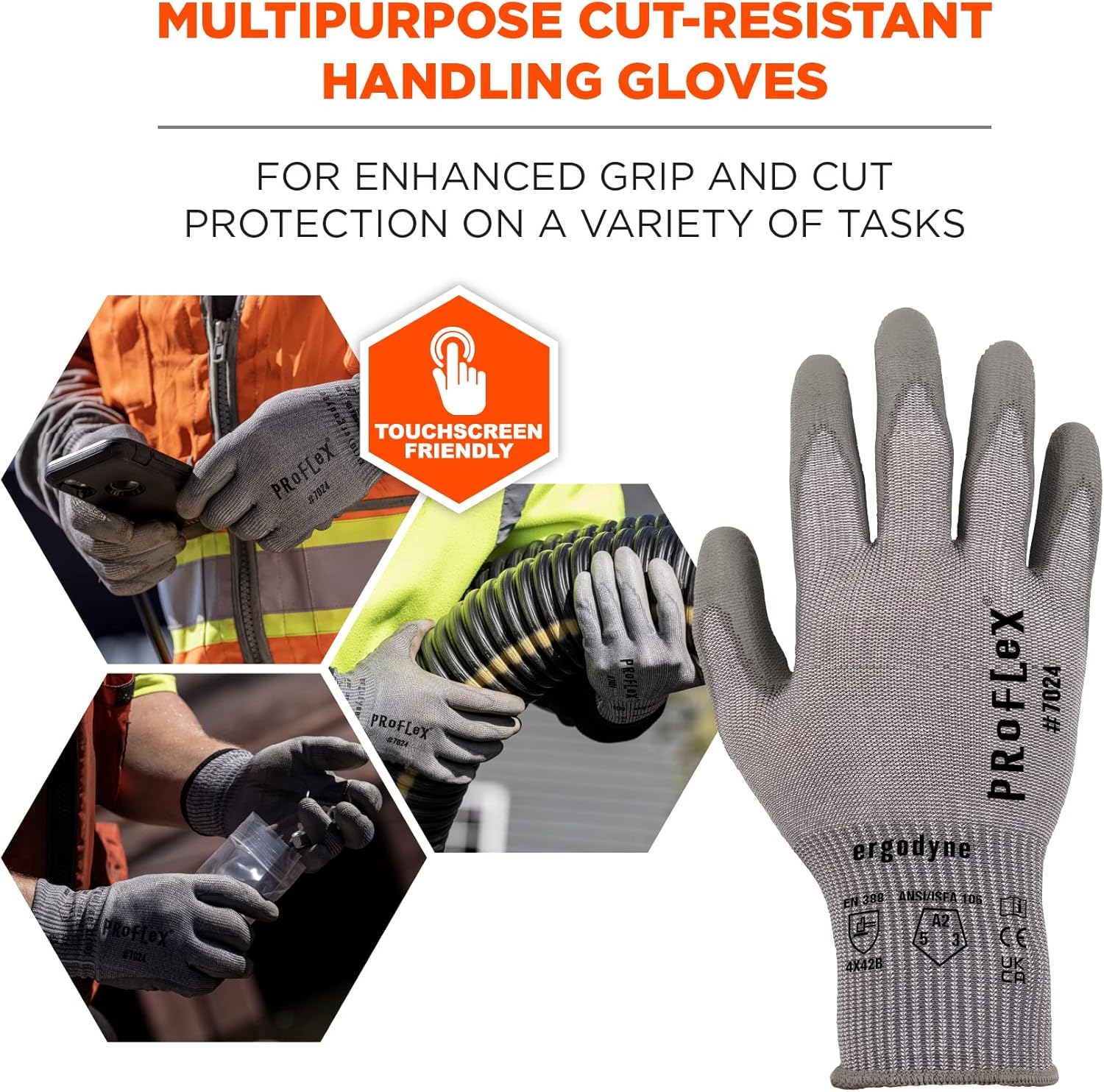 Ergodyne ProFlex 7024 Cut Resistant Work Gloves, ANSI A2, PU Coated Palms