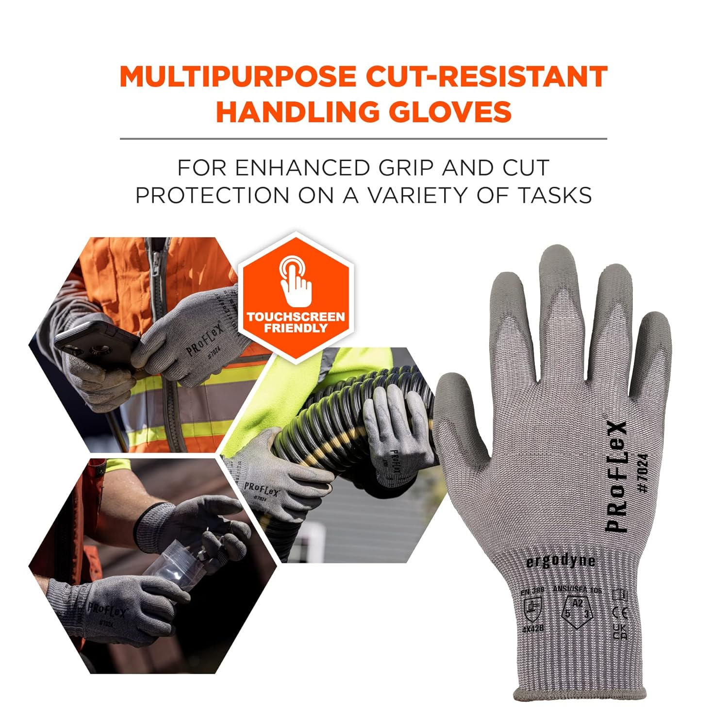 Ergodyne ProFlex 7024 Cut Resistant Work Gloves, PU Coated, 13-Gauge, ANSI A2, Touchscreen-Capable