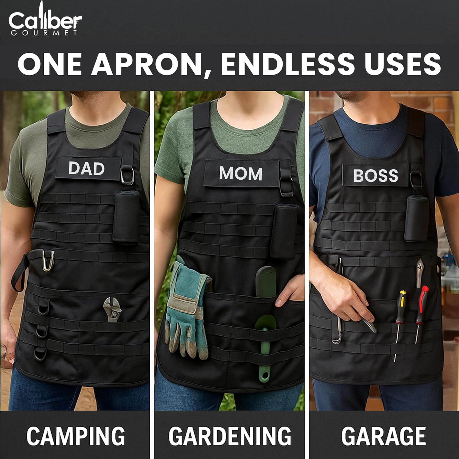 Caliber Gourmet Tactical Molle Apron Outdoor Durable Camping BBQ, Bottle Opener, Pockets, Reusable Carabiner, Adjustable