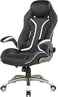 OSP Home Furnishings Xplorer 51 Ergonomic Adjustable High Back Gaming Chair with Lumbar Support and Padded Flip Arms, Black Faux Leather with White Trim