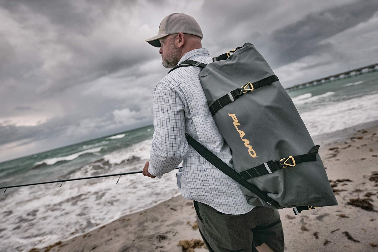 Plano Z-Series Roll-Top Waterproof Duffel with Backpack Straps, Gray with Yellow Accents, 500D PVC Fabric Fishing Dry Bag