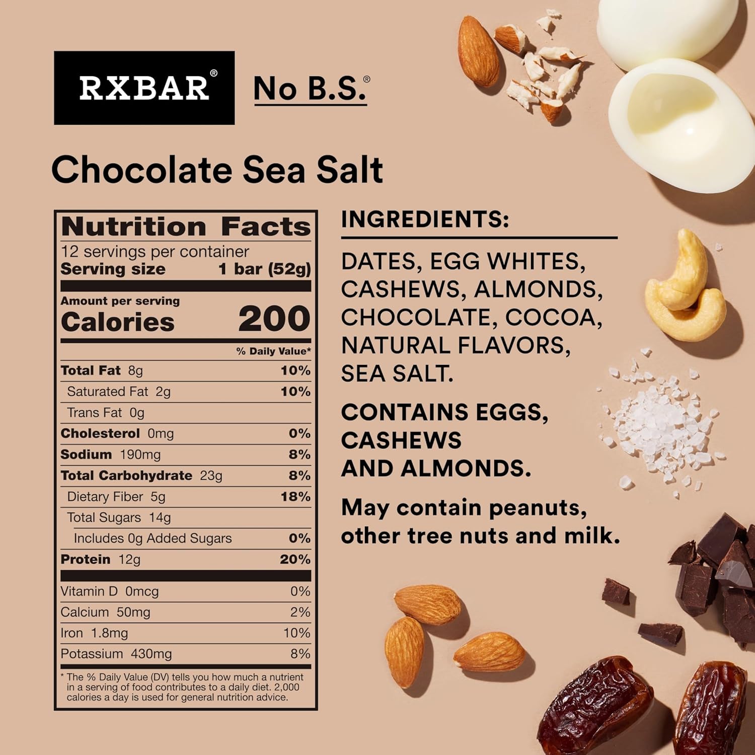 RXBAR Protein Bars, Protein Snack, Snack Bars, Chocolate Sea Salt, 22oz Box (12 Bars) Chocolate Sea Salt 1.83 Ounce (Pack of