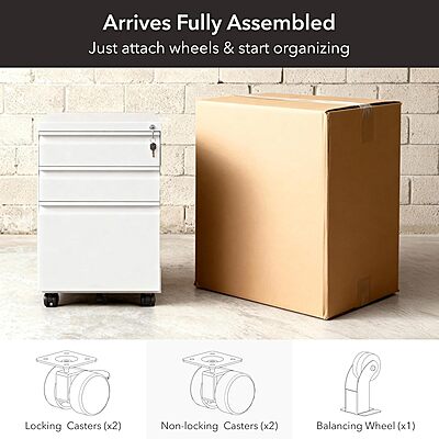 Mount-It! 3 Drawer Mobile File Cabinet with Lock and Wheels