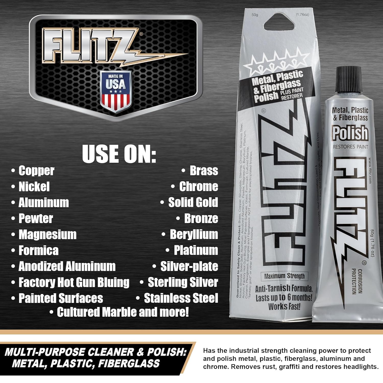 Flitz Multi-Purpose Metal Polish Paste - 1.76oz Tube of USA-Made Metal Scratch Remover - Works on Stainless Steel, Chrome
