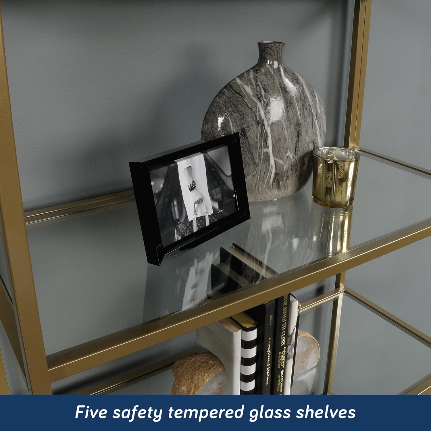 Sauder International Lux 71inH 5-Shelf Bookcase, Satin Gold