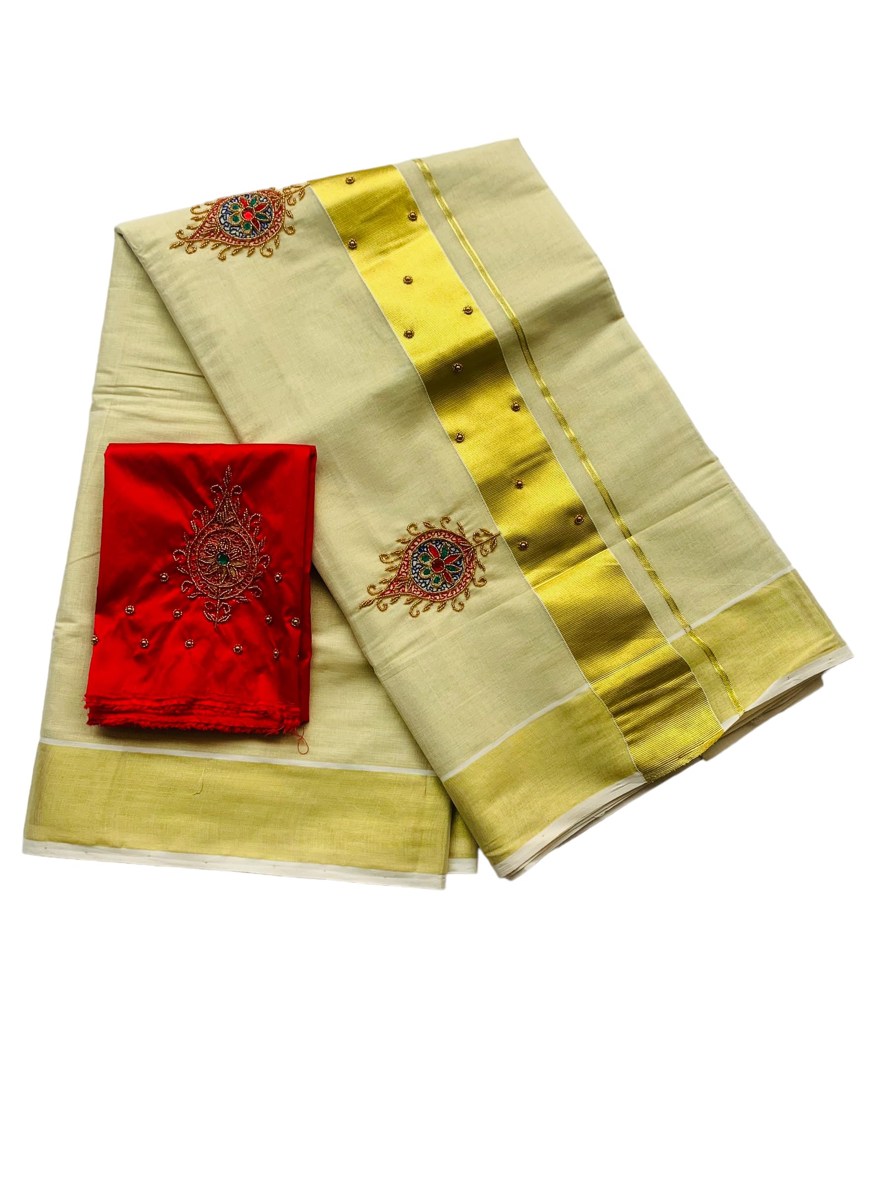 Kuthampully Kerala Kasavu Sarees For Women | Handcrafted Aari work Kerala Sarees | Tissue Onam Saree With Running Blouse | South Indian Sarees | Onam Saree EKM-806-Red