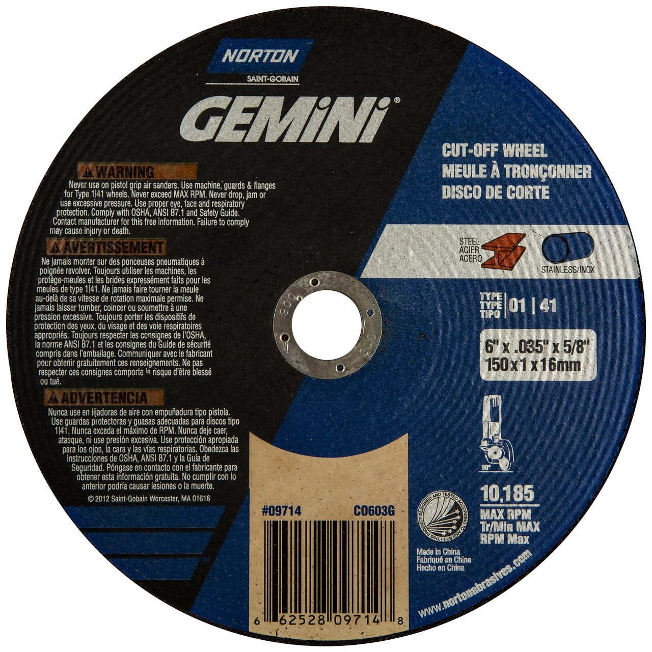 Norton 66252809714 6x.035x5/8 In. Gemini AO Circular Saw Cut-Off Wheels, Type 01/41, 60 Grit, 25 pack
